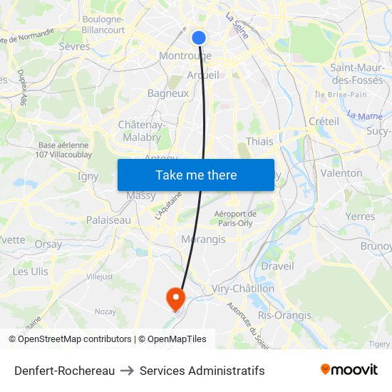 Denfert-Rochereau to Services Administratifs map