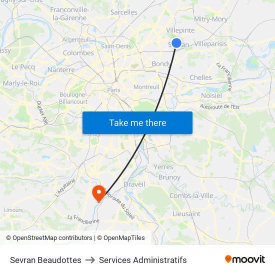 Sevran Beaudottes to Services Administratifs map