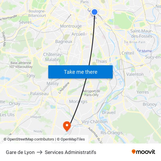 Gare de Lyon to Services Administratifs map