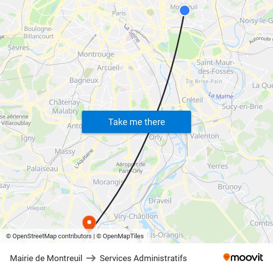 Mairie de Montreuil to Services Administratifs map