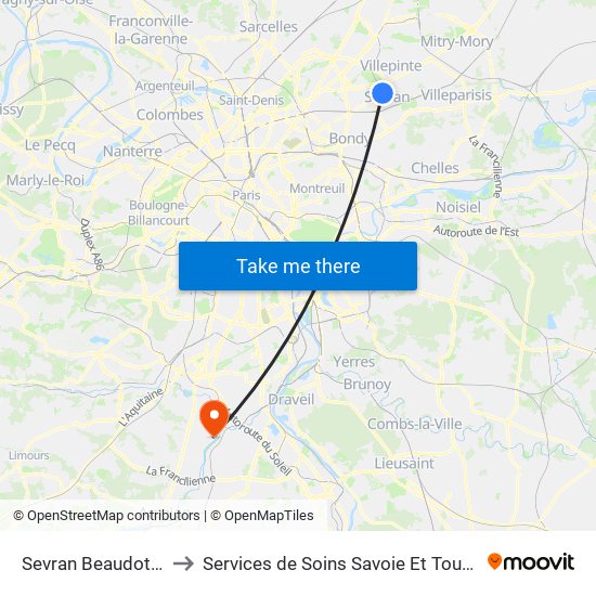 Sevran Beaudottes to Services de Soins Savoie Et Touraine map