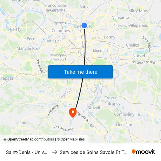 Saint-Denis - Université to Services de Soins Savoie Et Touraine map