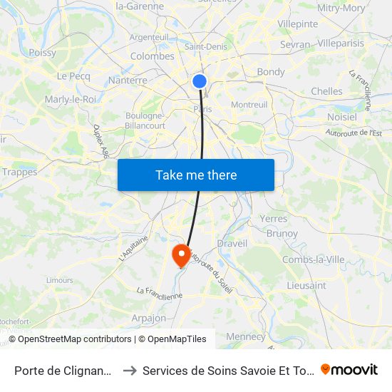 Porte de Clignancourt to Services de Soins Savoie Et Touraine map