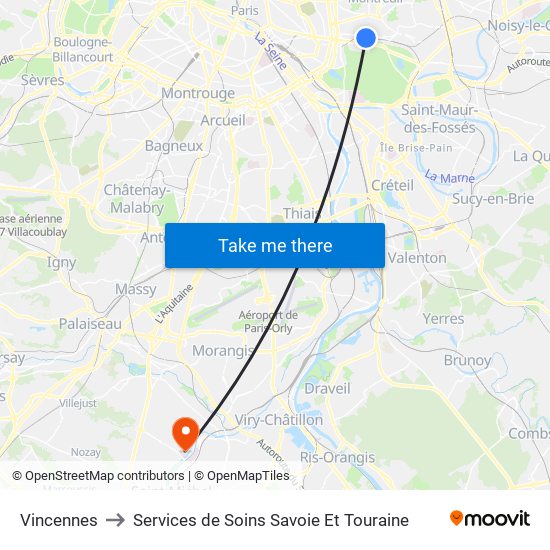 Vincennes to Services de Soins Savoie Et Touraine map
