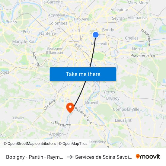 Bobigny - Pantin - Raymond Queneau to Services de Soins Savoie Et Touraine map