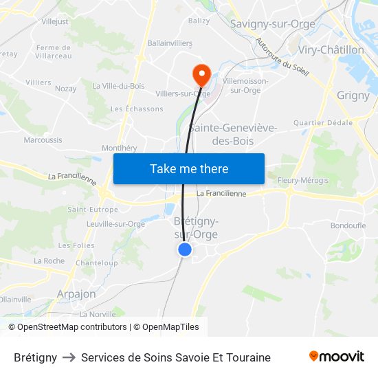Brétigny to Services de Soins Savoie Et Touraine map