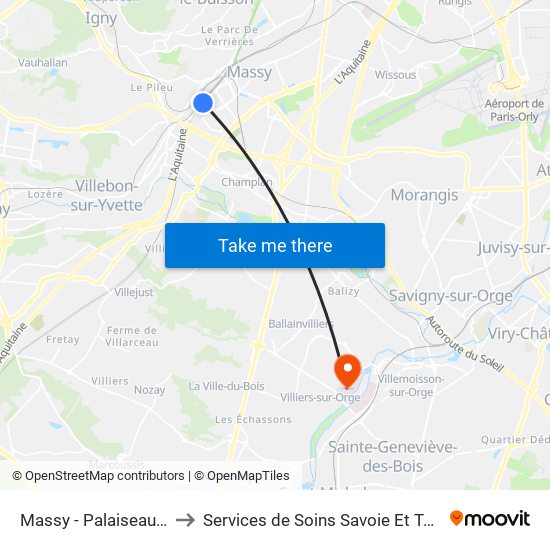 Massy - Palaiseau RER to Services de Soins Savoie Et Touraine map