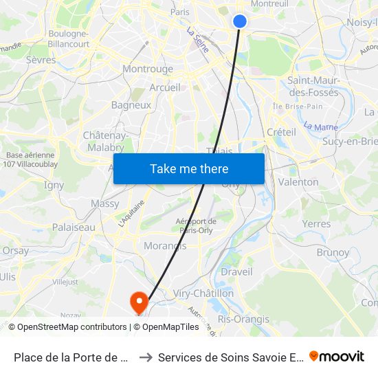 Place de la Porte de Montreuil to Services de Soins Savoie Et Touraine map