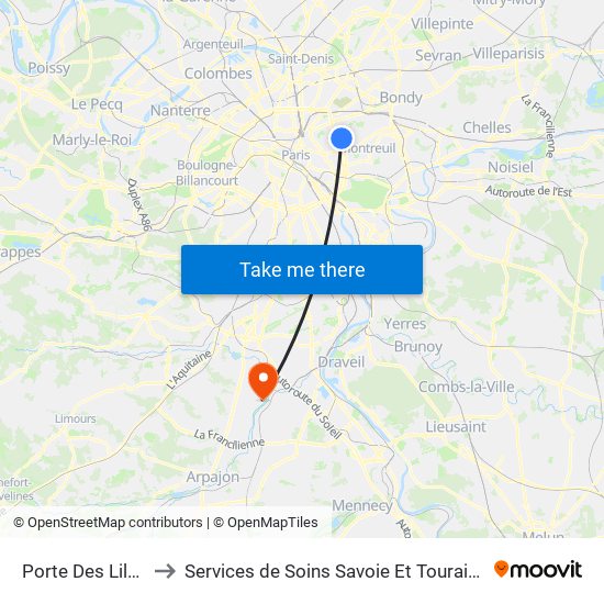 Porte Des Lilas to Services de Soins Savoie Et Touraine map
