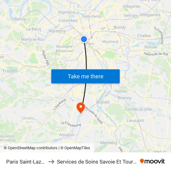 Paris Saint-Lazare to Services de Soins Savoie Et Touraine map