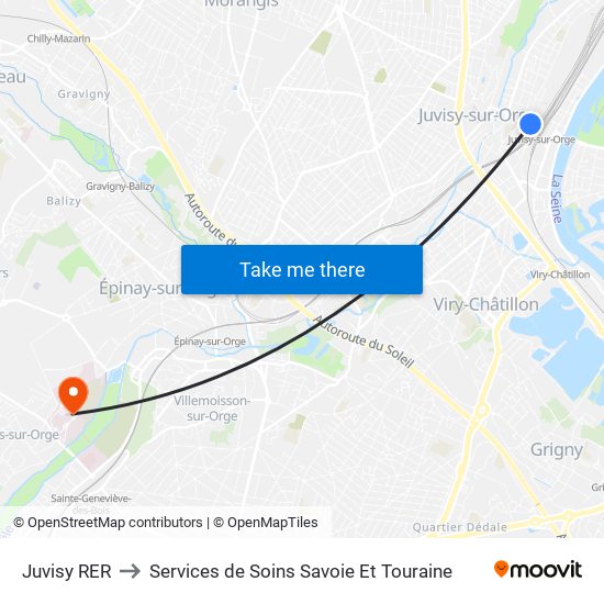 Juvisy RER to Services de Soins Savoie Et Touraine map