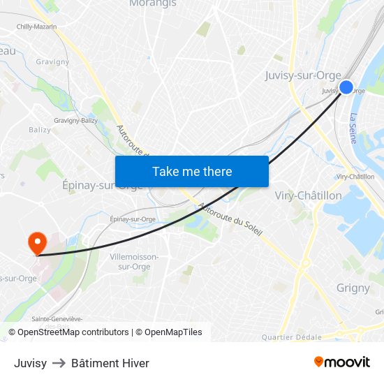 Juvisy to Bâtiment Hiver map