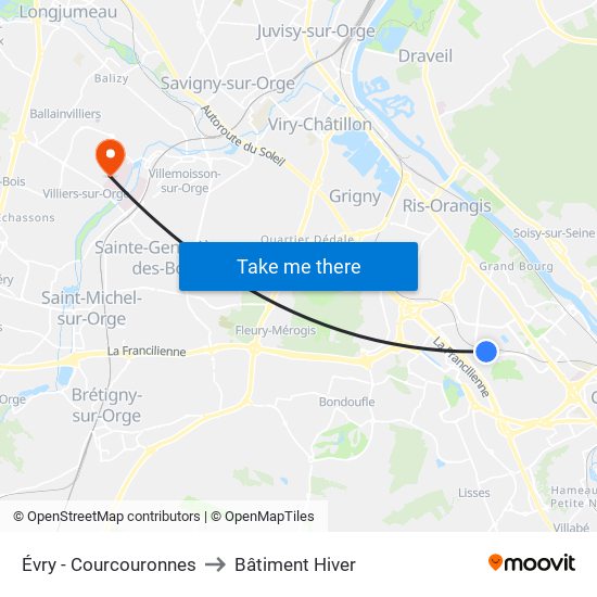 Évry - Courcouronnes to Bâtiment Hiver map