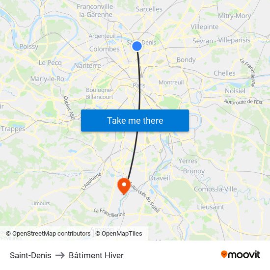 Saint-Denis to Bâtiment Hiver map