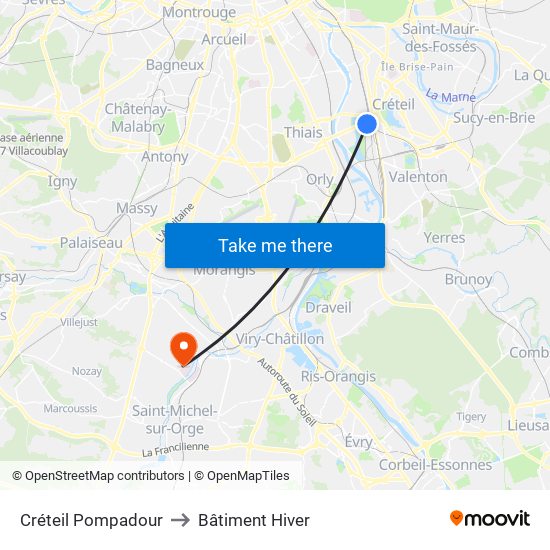 Créteil Pompadour to Bâtiment Hiver map