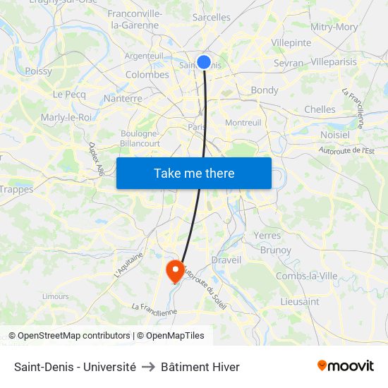 Saint-Denis - Université to Bâtiment Hiver map