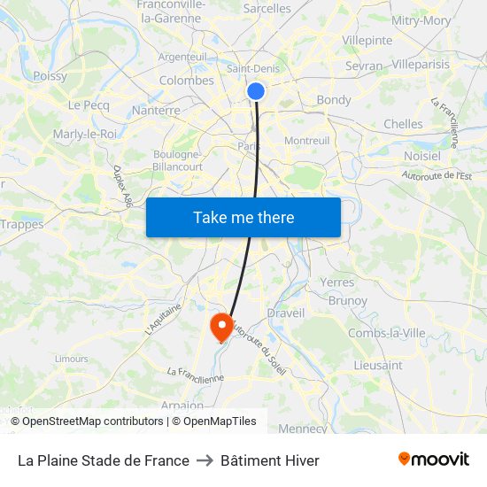 La Plaine Stade de France to Bâtiment Hiver map