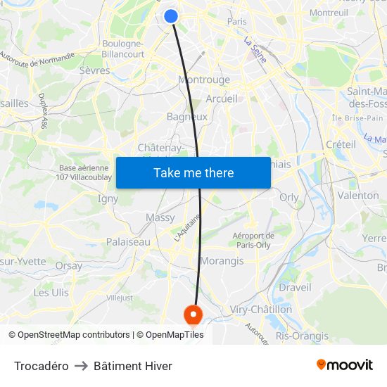 Trocadéro to Bâtiment Hiver map
