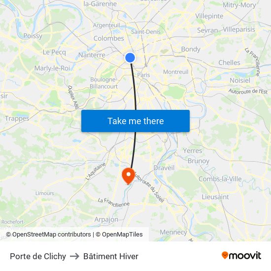 Porte de Clichy to Bâtiment Hiver map