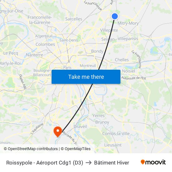 Roissypole - Aéroport Cdg1 (D3) to Bâtiment Hiver map