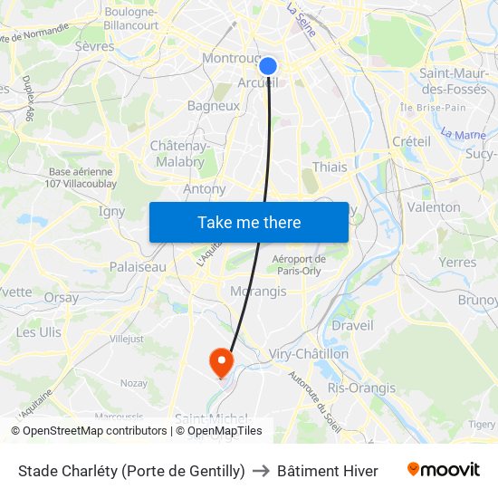 Stade Charléty (Porte de Gentilly) to Bâtiment Hiver map