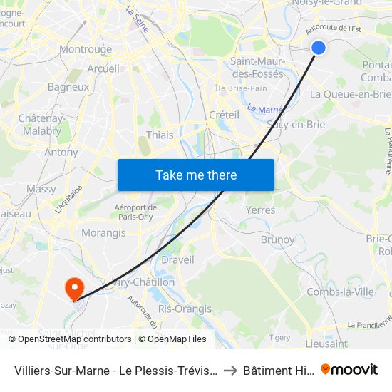 Villiers-Sur-Marne - Le Plessis-Trévise RER to Bâtiment Hiver map