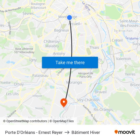 Porte D'Orléans - Ernest Reyer to Bâtiment Hiver map