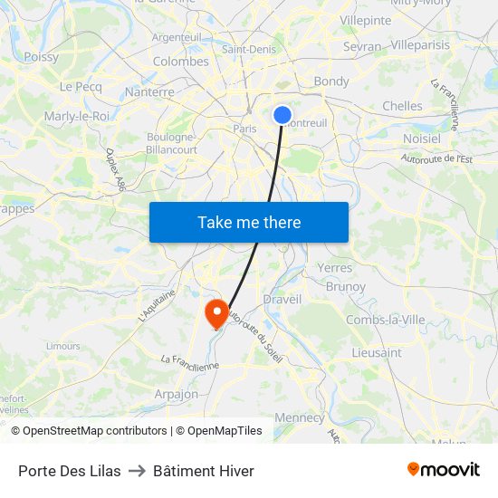 Porte Des Lilas to Bâtiment Hiver map