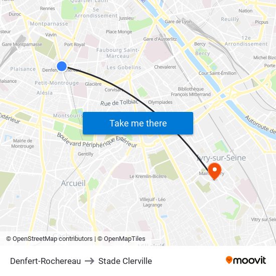 Denfert-Rochereau to Stade Clerville map
