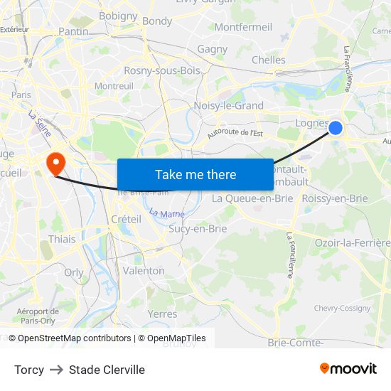 Torcy to Stade Clerville map