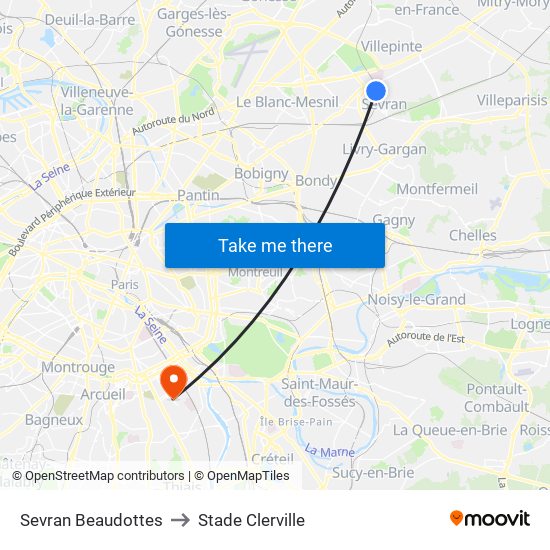 Sevran Beaudottes to Stade Clerville map