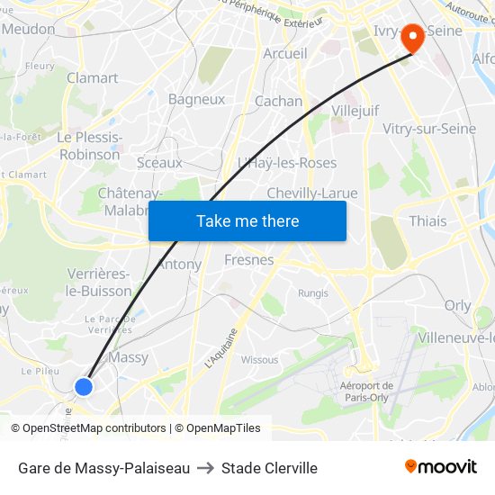 Gare de Massy-Palaiseau to Stade Clerville map
