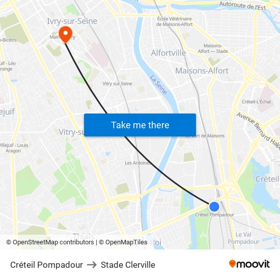 Créteil Pompadour to Stade Clerville map