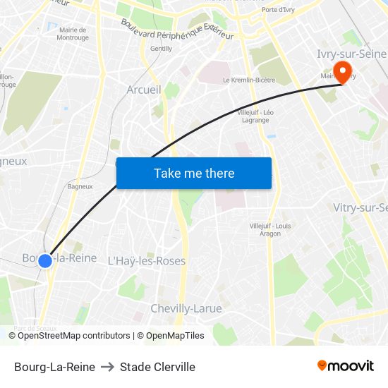 Bourg-La-Reine to Stade Clerville map