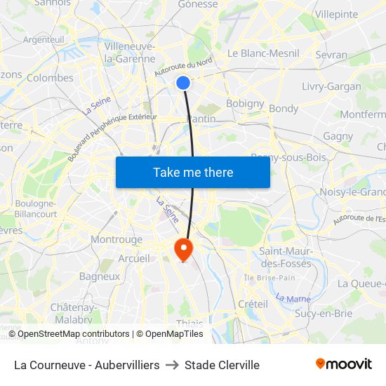 La Courneuve - Aubervilliers to Stade Clerville map