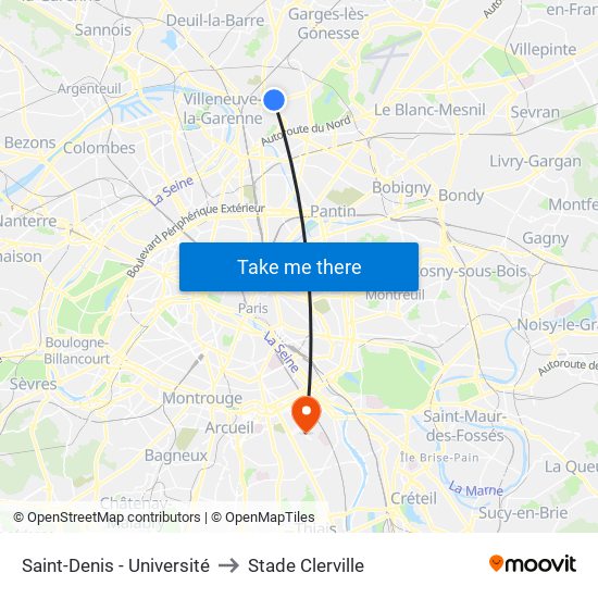Saint-Denis - Université to Stade Clerville map