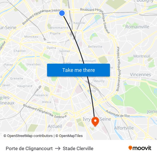 Porte de Clignancourt to Stade Clerville map