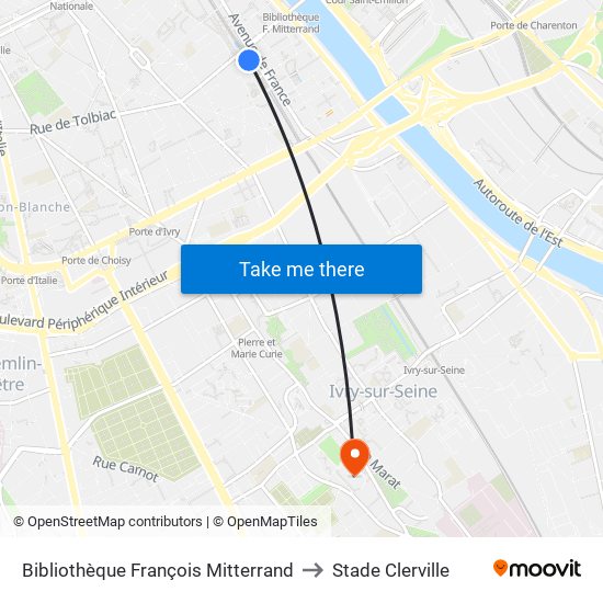 Bibliothèque François Mitterrand to Stade Clerville map