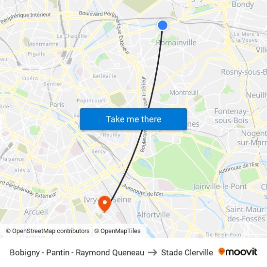 Bobigny - Pantin - Raymond Queneau to Stade Clerville map