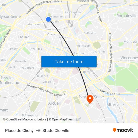 Place de Clichy to Stade Clerville map