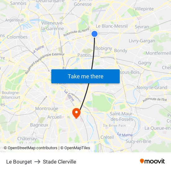 Le Bourget to Stade Clerville map