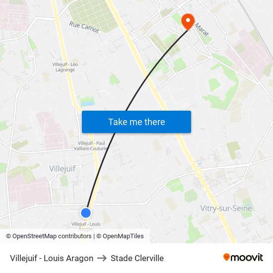 Villejuif - Louis Aragon to Stade Clerville map