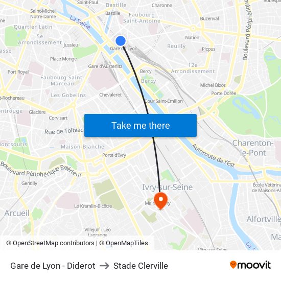 Gare de Lyon - Diderot to Stade Clerville map