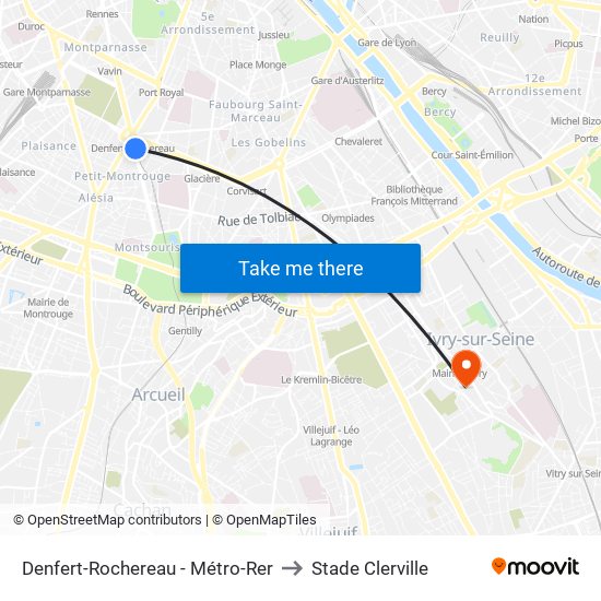 Denfert-Rochereau - Métro-Rer to Stade Clerville map