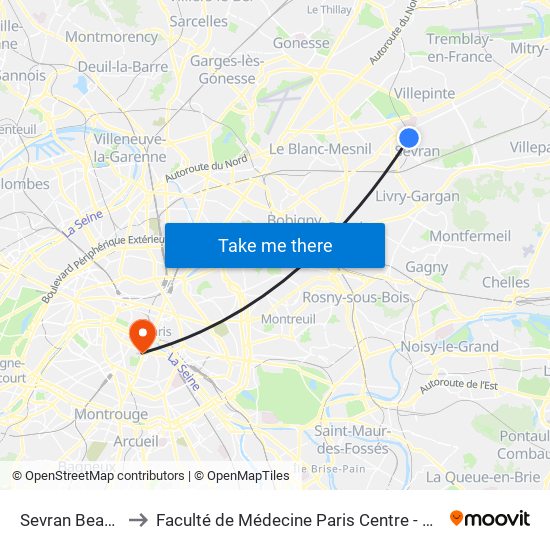 Sevran Beaudottes to Faculté de Médecine Paris Centre - Université de Paris map