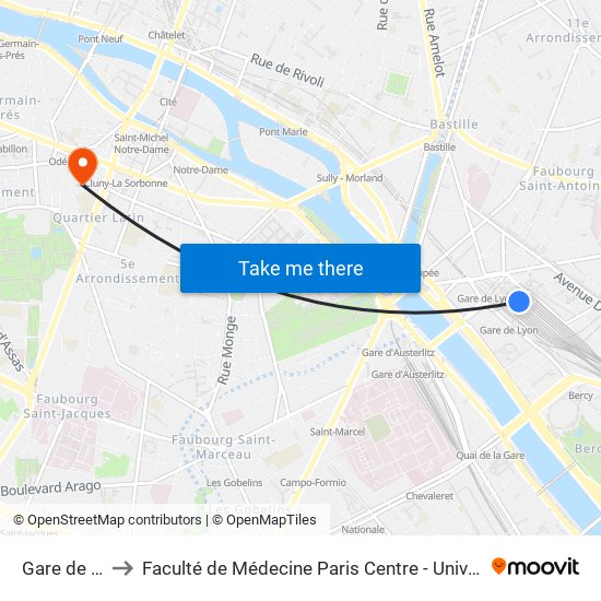 Gare de Lyon to Faculté de Médecine Paris Centre - Université de Paris map