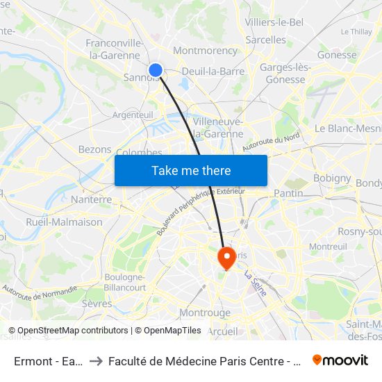 Ermont - Eaubonne to Faculté de Médecine Paris Centre - Université de Paris map