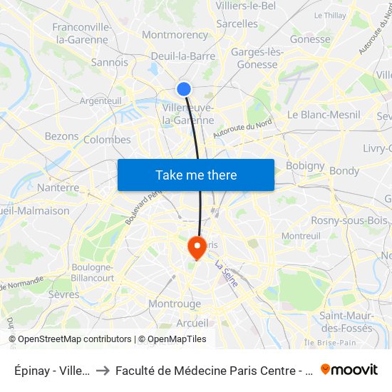 Épinay - Villetaneuse to Faculté de Médecine Paris Centre - Université de Paris map