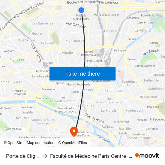 Porte de Clignancourt to Faculté de Médecine Paris Centre - Université de Paris map