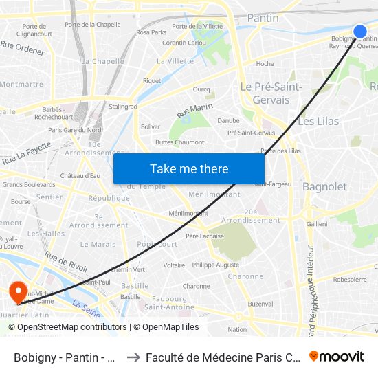 Bobigny - Pantin - Raymond Queneau to Faculté de Médecine Paris Centre - Université de Paris map